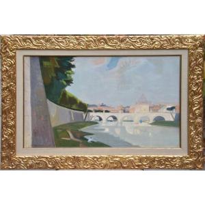 Adrian HOLY "Les quais du Tibre à Rome" 1954 Huile sur carton 37x58